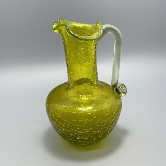 Vtg Pilgrim Glass Mini Pitcher Vase Avocado Lime Green Crackle Hand Blown 5" - Picture 1 of 12